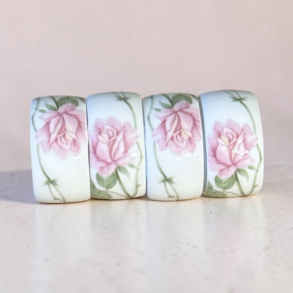 MIKASA Pink Rose Ceramic Napkin Rings Set Of 4